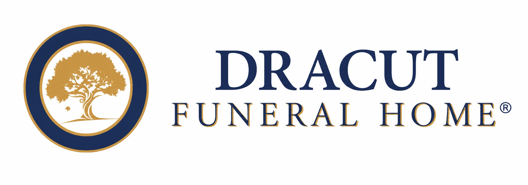 Dracut Funeral Home logo with gold tree emblem and navy text on white background