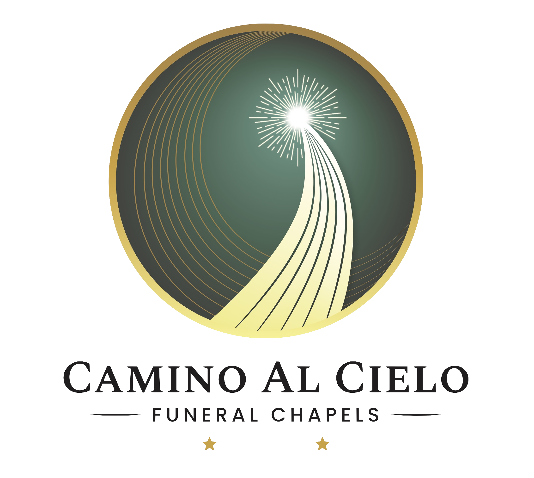 Camino al Cielo Funerales logo with gold and green circular design and white rays above the name