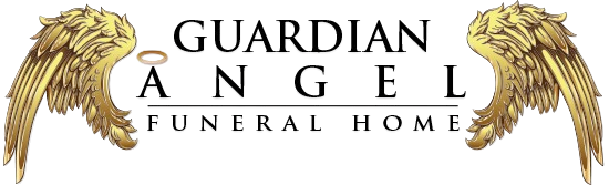 Guardian Angel Funeral Home logo with gold wings, text, and a halo.