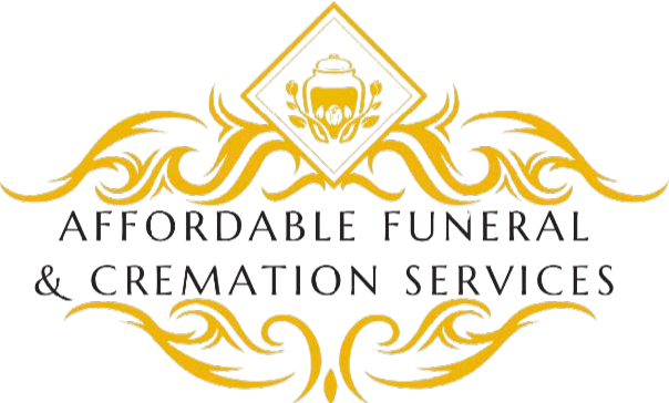Gold logo for "Affordable Funeral & Cremation Services." Decorative elements surround the text.