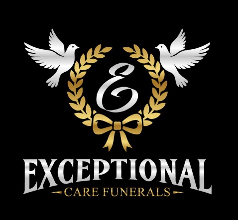 Logo: Gold laurel wreath and bow around silver letter "E". Two silver doves. Text: "Exceptional Care Funerals".