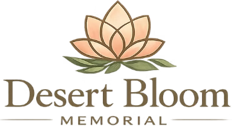 Desert Bloom Memorial logo with a peach lotus and green leaves above the name in brown text
