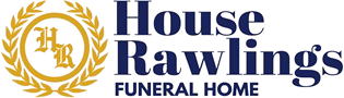 House Rawlings Funeral Home logo with gold laurel wreath and navy text
