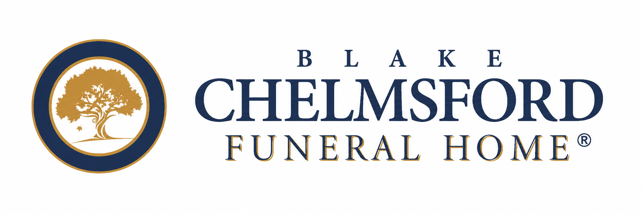 Blake Chelmsford Funeral Home logo with gold tree emblem and navy lettering