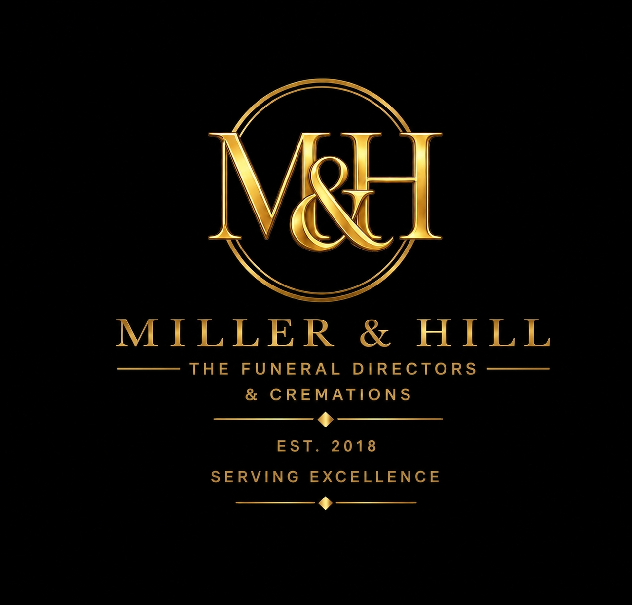Gold &ldquo;M&H Miller & Hill Funeral Directors&rdquo; logo on black, with &ldquo;Celebrating&rdquo; and &ldquo;Serving Excellence&rdquo; text