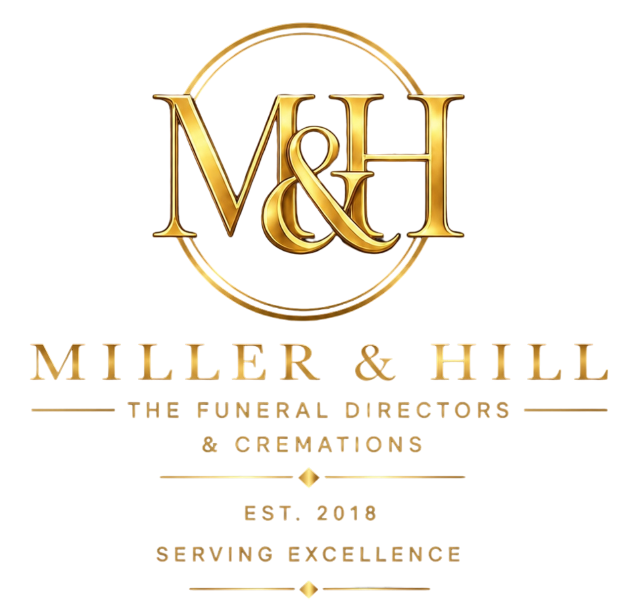 Gold &ldquo;M&H Miller & Hill Funeral Directors&rdquo; logo on black, with &ldquo;Celebrating&rdquo; and &ldquo;Serving Excellence&rdquo; text