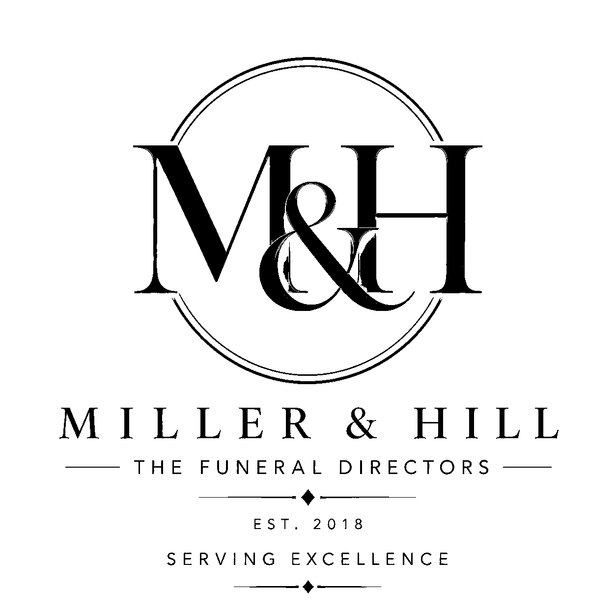 Gold &ldquo;M&H Miller & Hill Funeral Directors&rdquo; logo on black, with &ldquo;Celebrating&rdquo; and &ldquo;Serving Excellence&rdquo; text