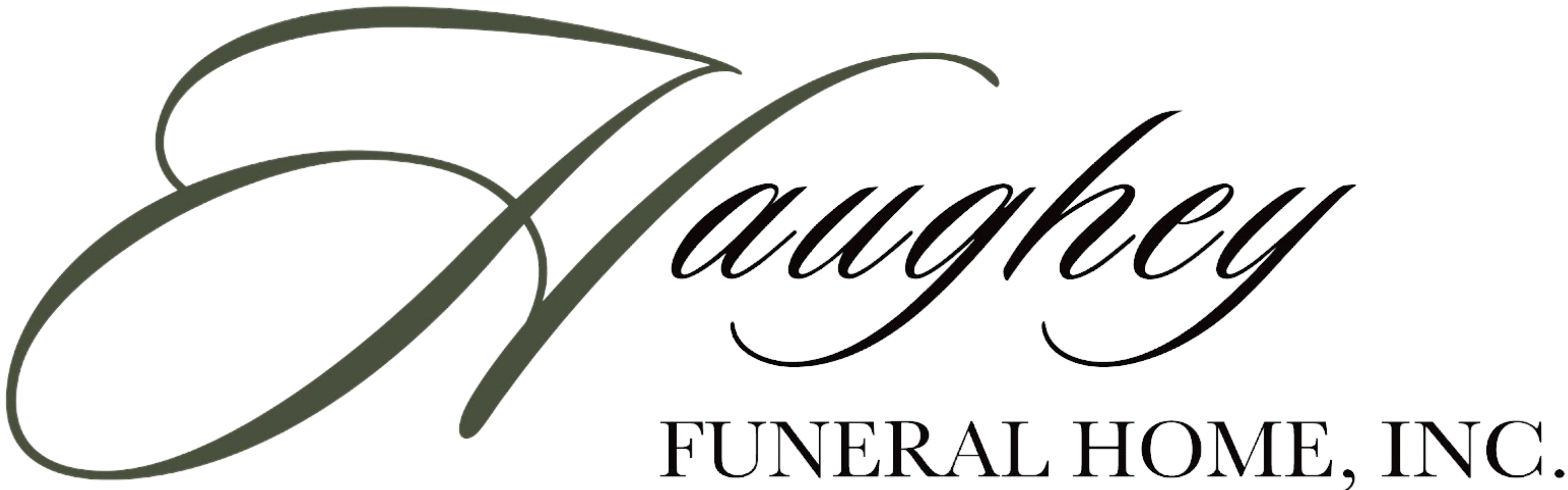 Haughey Funeral Home, Inc. logo with elegant script text in black on a white background