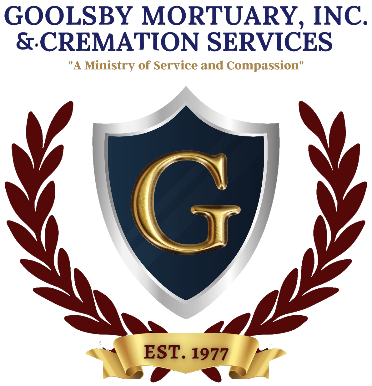 Goolsby Mortuary, Inc. & Cremation Services logo with shield, laurel wreath, and &ldquo;Est. 1977&rdquo; ribbon
