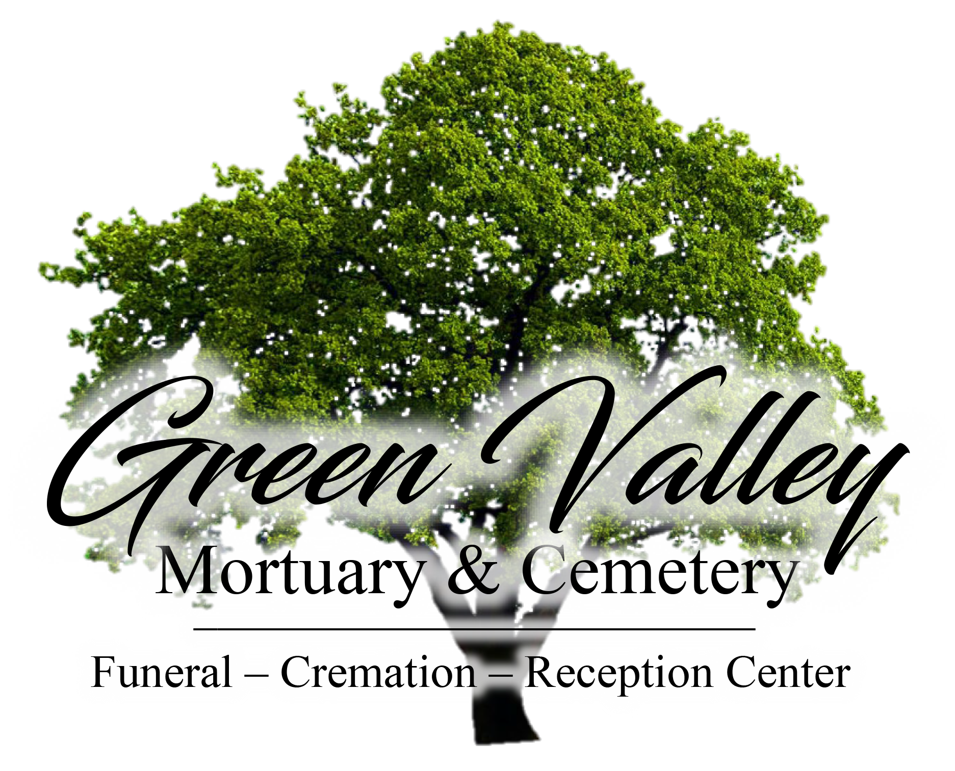 Green Valley Mortuary & Cemetery logo with a green tree and funeral, cremation, reception center text