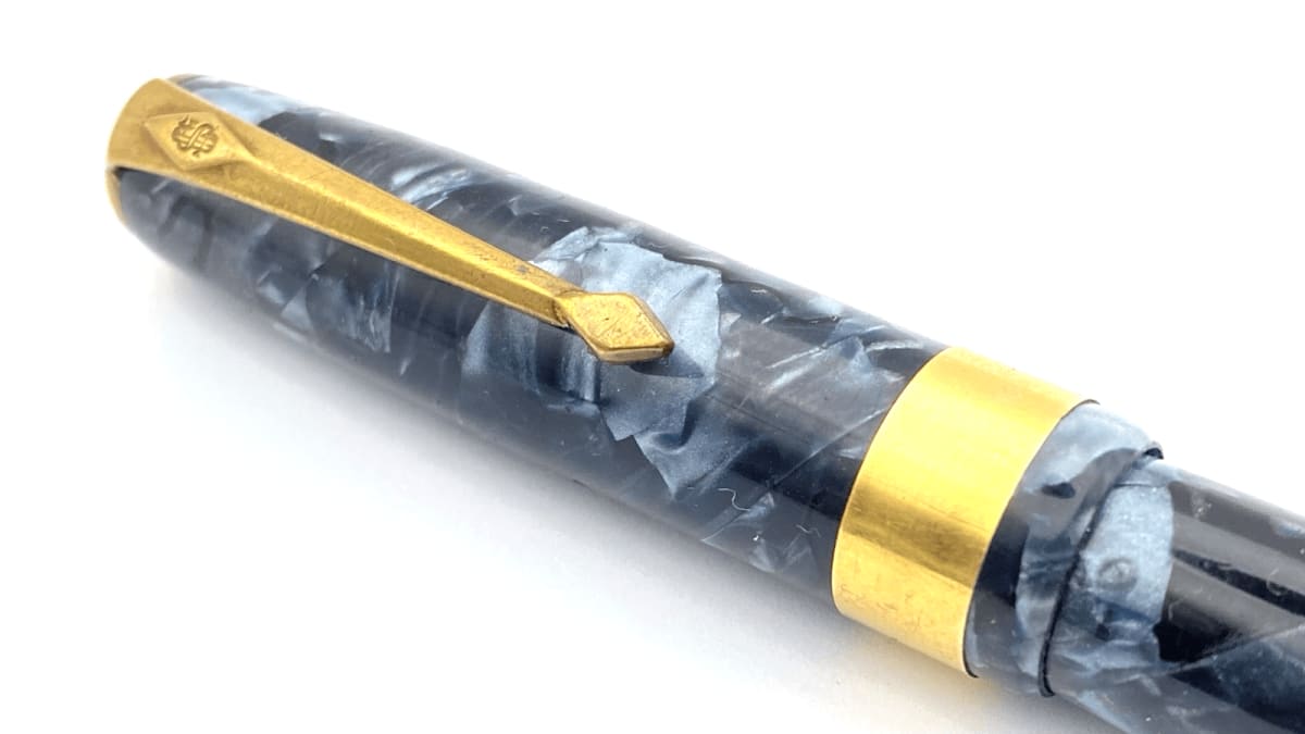 Vintage Conway Stewart 27 Fountain Pen In Blue Marble 14K Gold Oblique Fine NIB