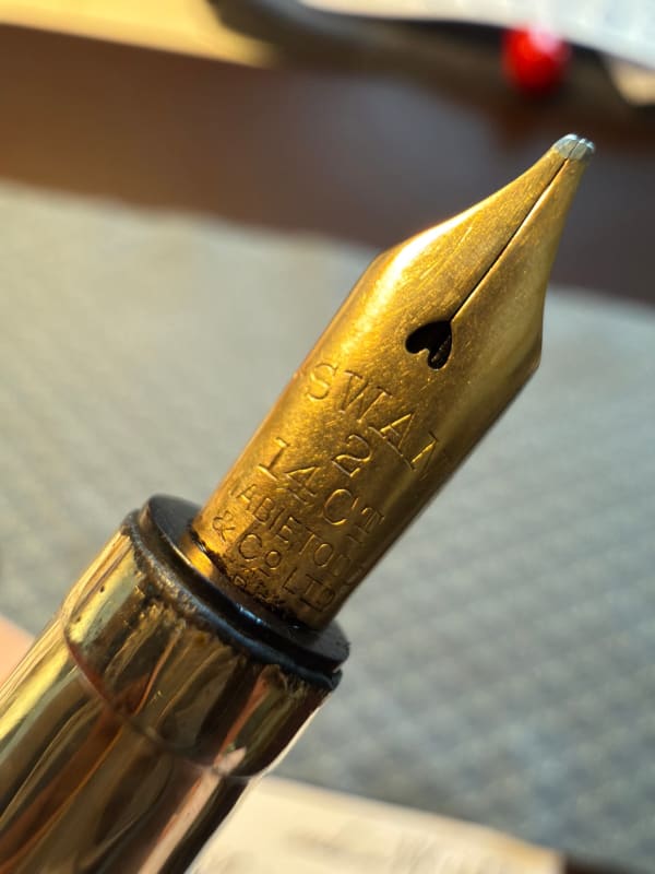 Mabie Todd Swan "Swan Pen", Gold-Filled Waves Overlay, #2 Oblique Broad 14ct Nib