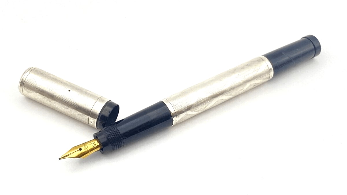 Vintage Abel Safety Fountain Pen In Sterling Silver 18K Gold Medium NIB France