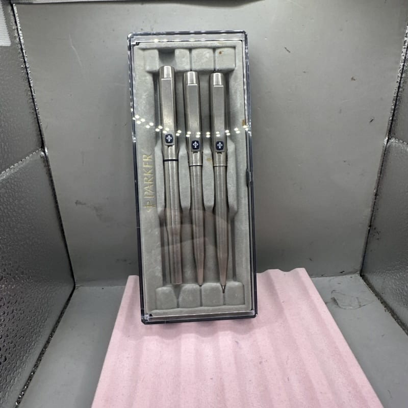 Vintage Parker 25 Stainless Steel Trio Set: Fountain, Ballpen & Pencil NOS