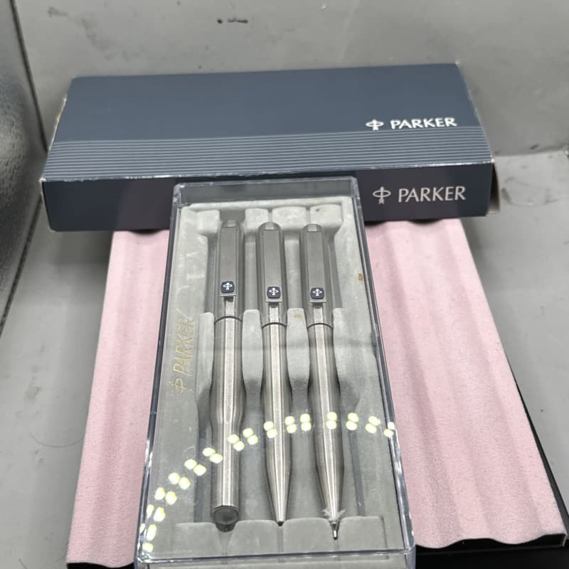 Vintage Parker 25 Stainless Steel Trio Set: Fountain, Ballpen & Pencil NOS