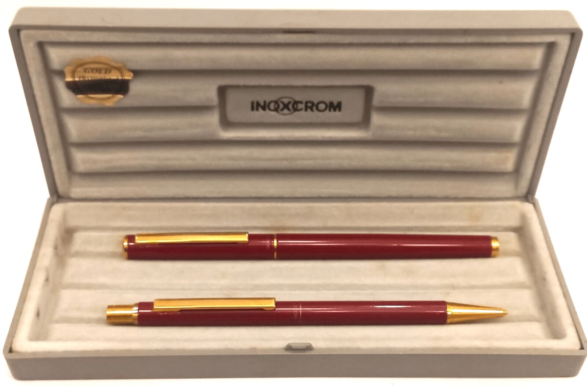 Inoxcrom Fountain Pen + Ballpoint Set Burgundy Gold Electroplated Cased (Bfp261)