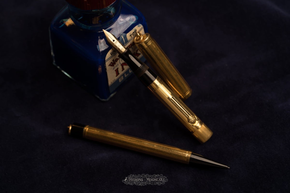 Waterman's | 0552½ V Pen & Pencil Set | Gold Sheraton Overlay | #2 Flex