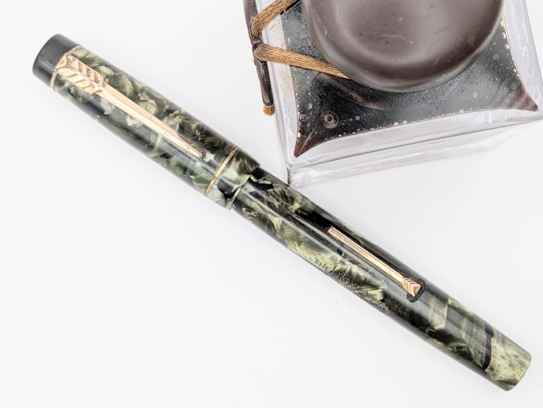 Vintage 1940s Croxley Pen by John Dickinson & Co. – Green Marbled Celluloid – 14K Gold Nib – Fully Restored