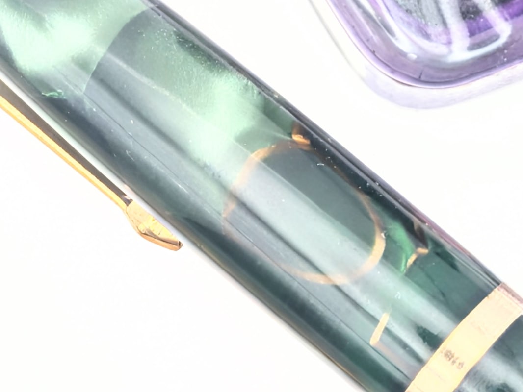 Stunning fully restored vintage Conway Stewart 12 lever-filler fountain pen in original box (Green/Bronze Swirled Celluloid)