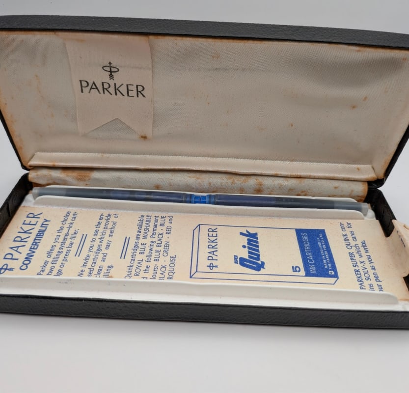 Vintage Parker 65 Insignia Set – 1/10 12K Rolled Gold – 14K Gold Nib – Serviced w/ Box & Original Converter