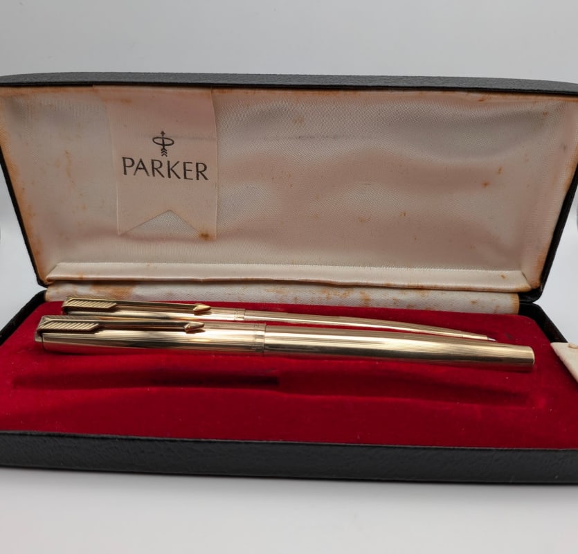 Vintage Parker 65 Insignia Set – 1/10 12K Rolled Gold – 14K Gold Nib – Serviced w/ Box & Original Converter