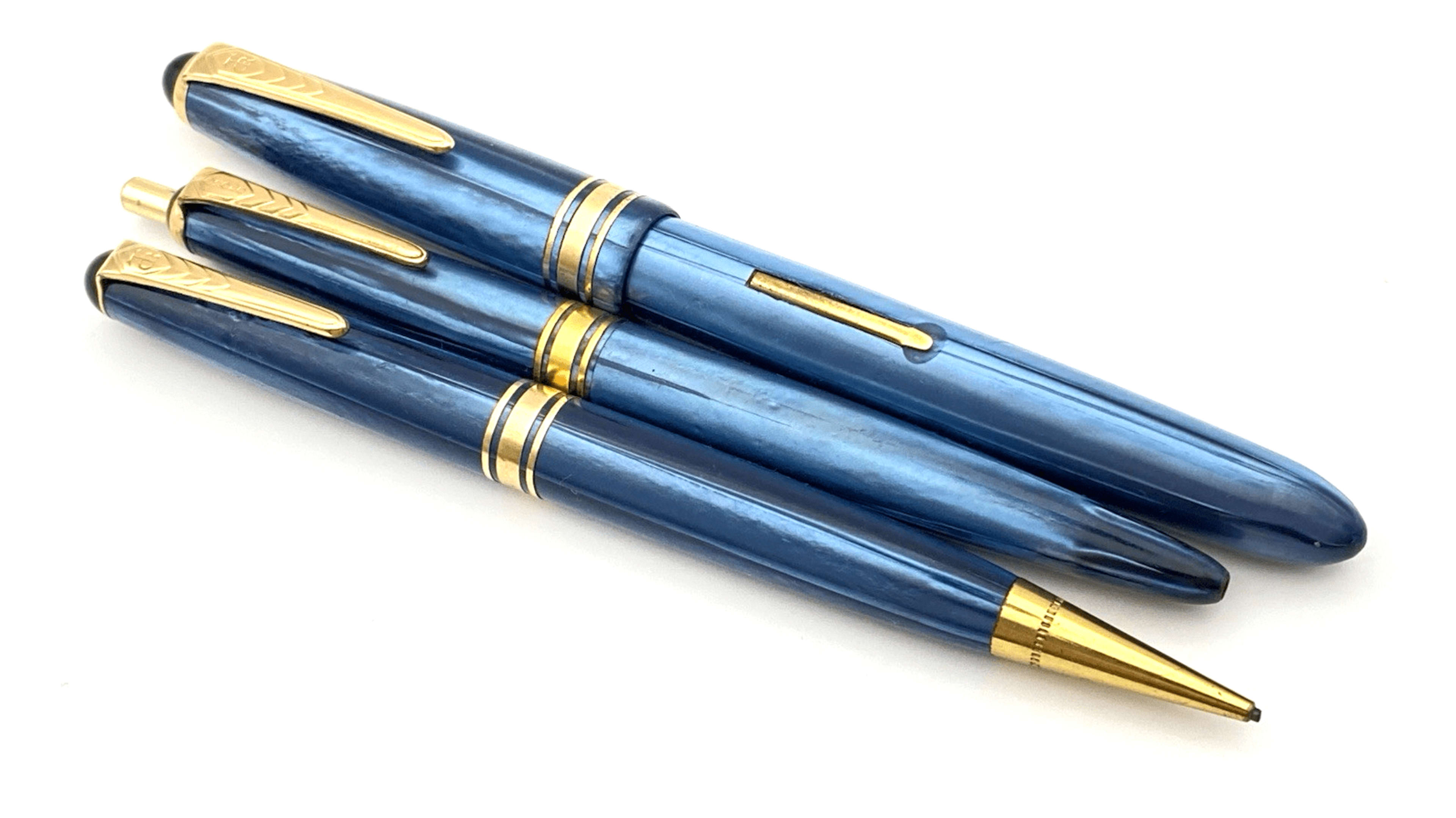Vintage Onoto No 11 Fountain Pen Triple Set Blue Swirl Firm 14K Gold Medium NIB