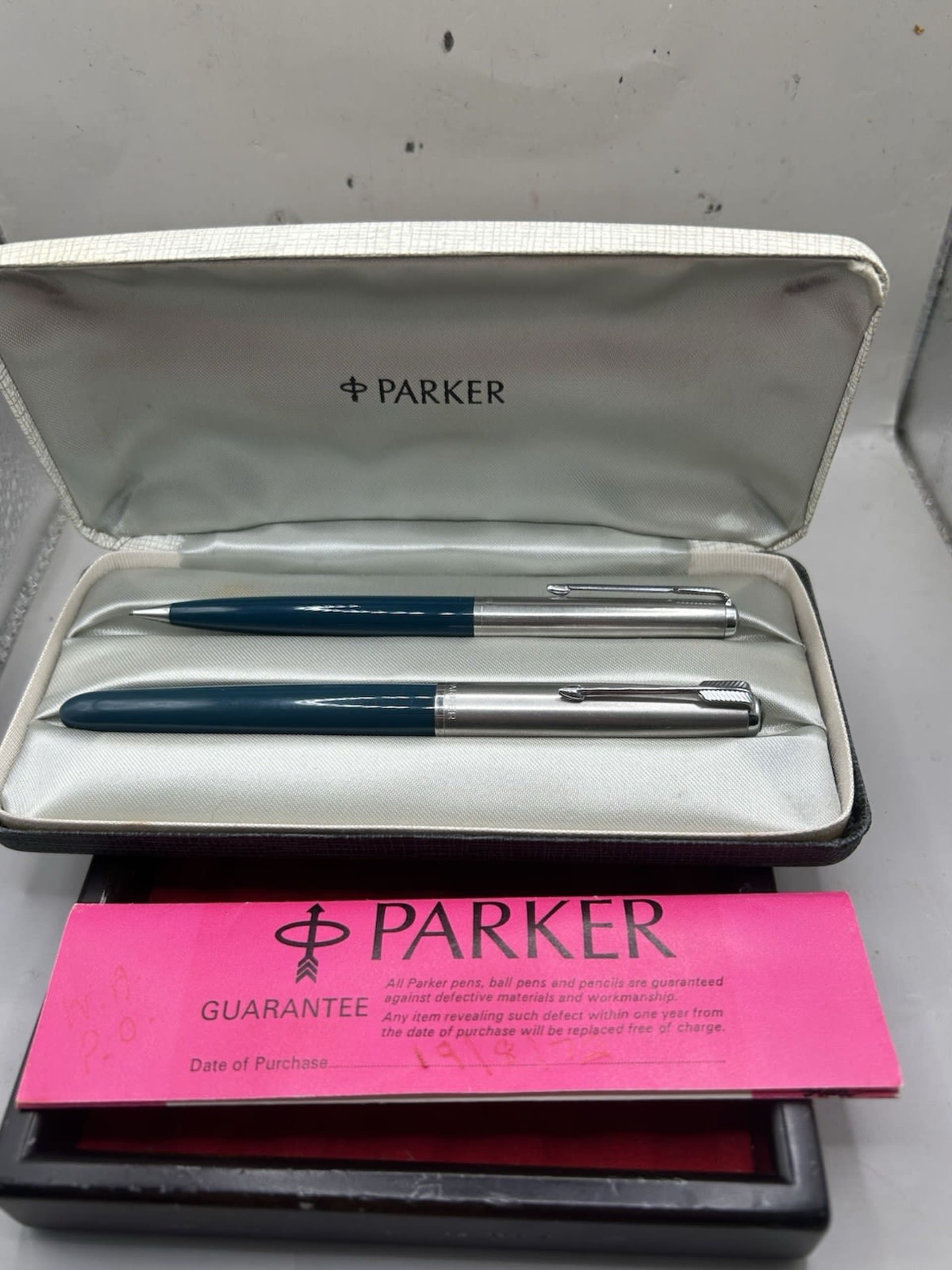 Parker 51 Fountain Pen & Pencil Set 1972 Teal Blue Lustraloy Caps With Box