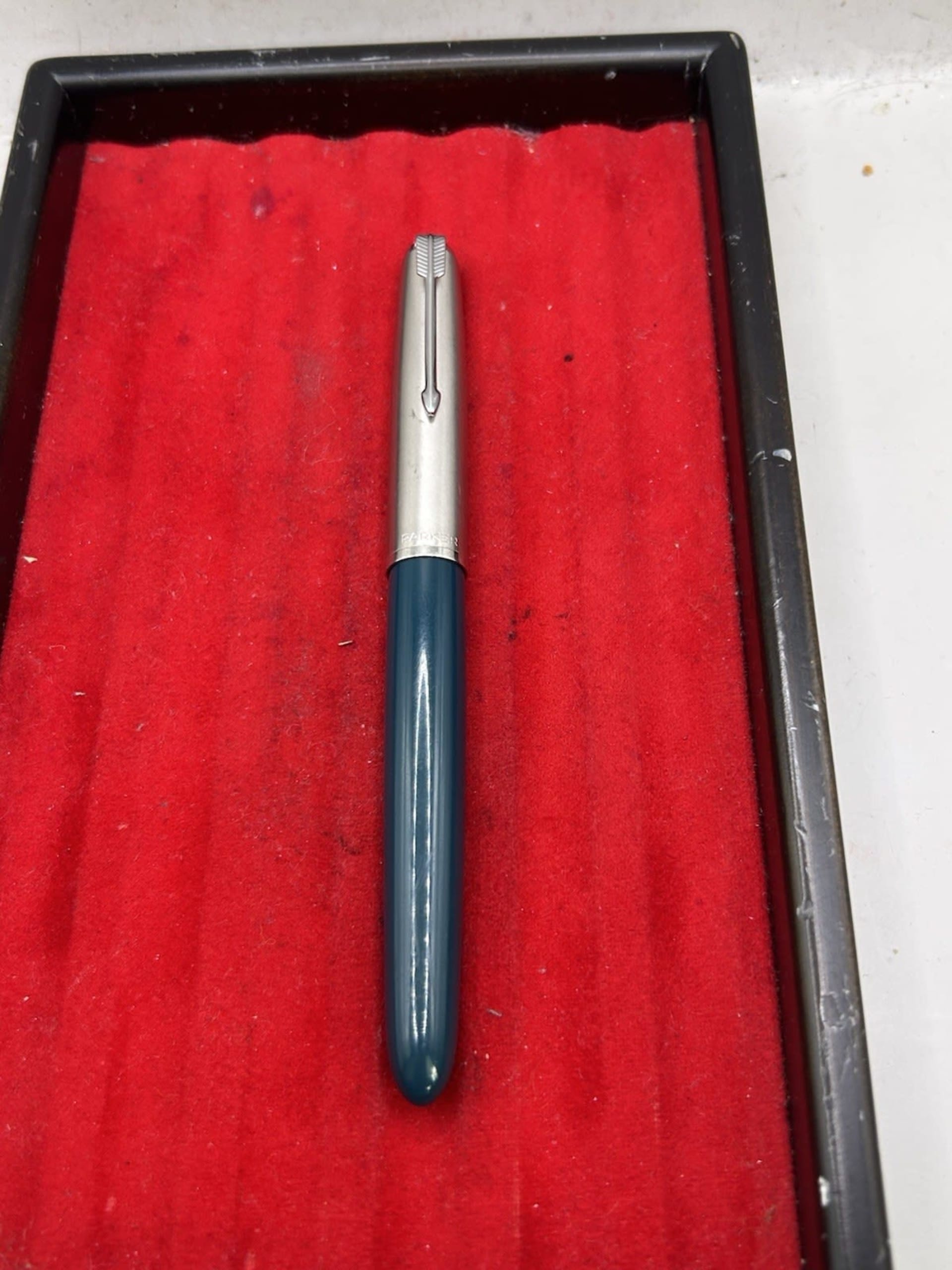 Parker 51 Fountain Pen & Pencil Set 1972 Teal Blue Lustraloy Caps With Box