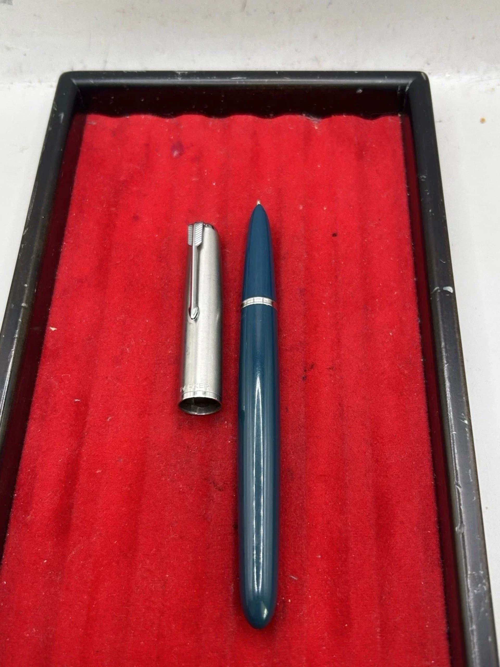 Parker 51 Fountain Pen & Pencil Set 1972 Teal Blue Lustraloy Caps With Box