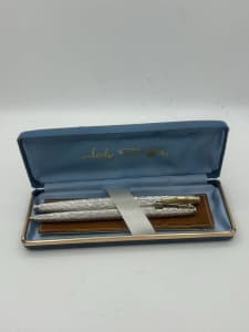 Sheaffer Lady Fountain Pen And Ballpoint Pen Set Barleycorn Rhodium 14K Gold NIB 1