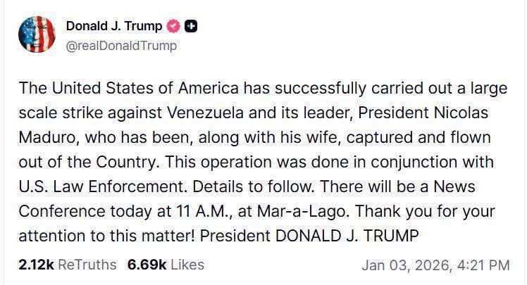 Donald Trump's Truth Social post confirming the capture of Nicolás Maduro