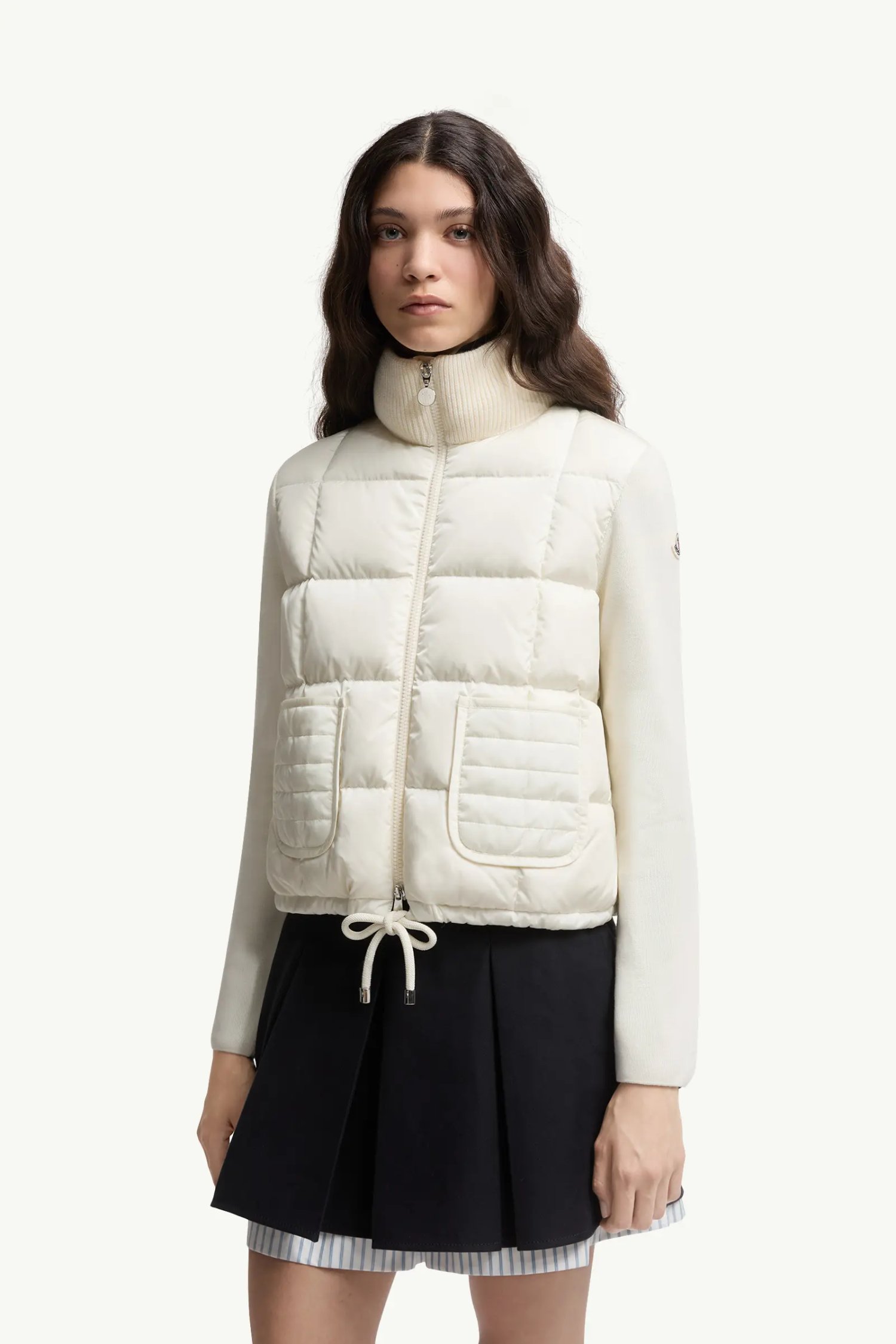 Quilted Square‑Stitch Lined Wool Zip‑Up Cardigan