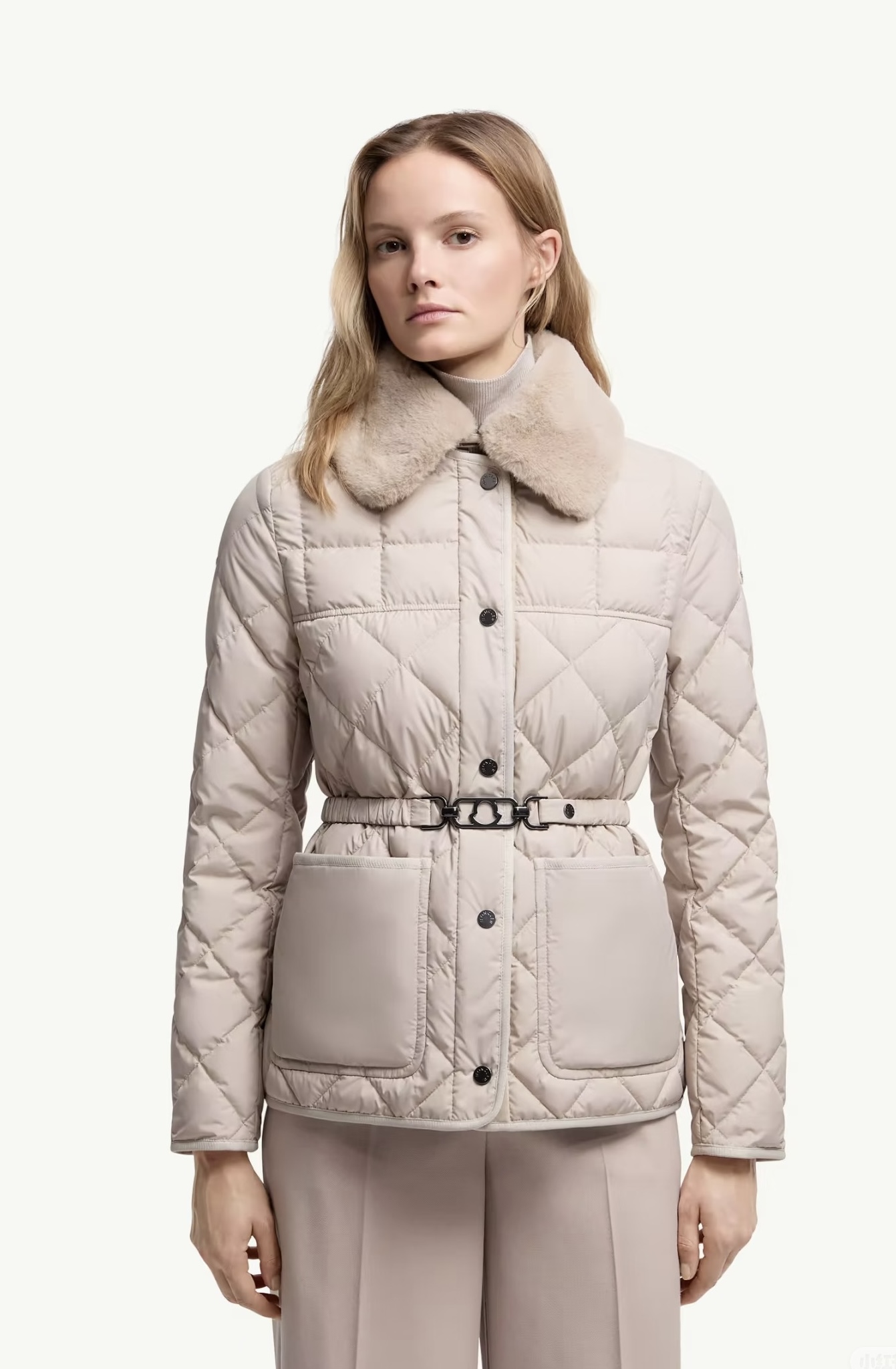 Moncler Cygne Women Goose Down Coat with Detachable Lapel & Waist Belt