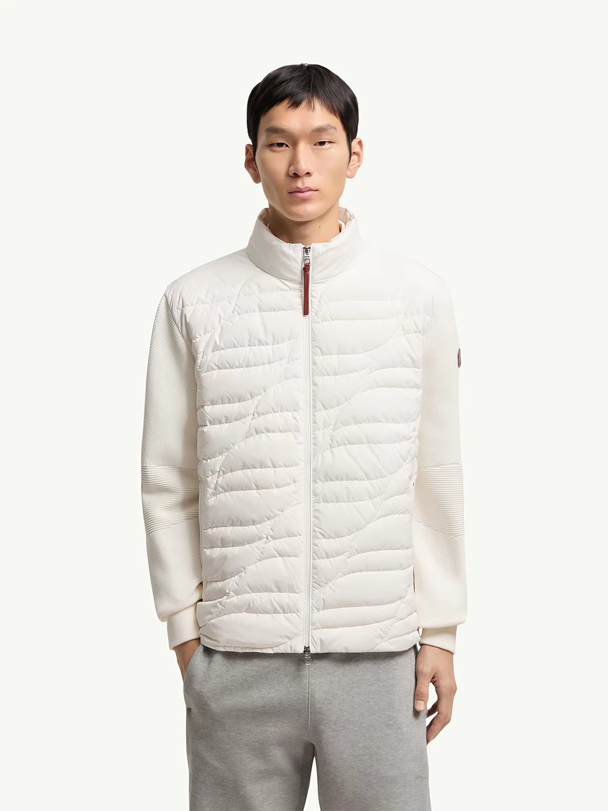 Moncler Hybrid Knit Down Cardigan, 90% White Goose Down, Wave Quilted Stand Collar Coat