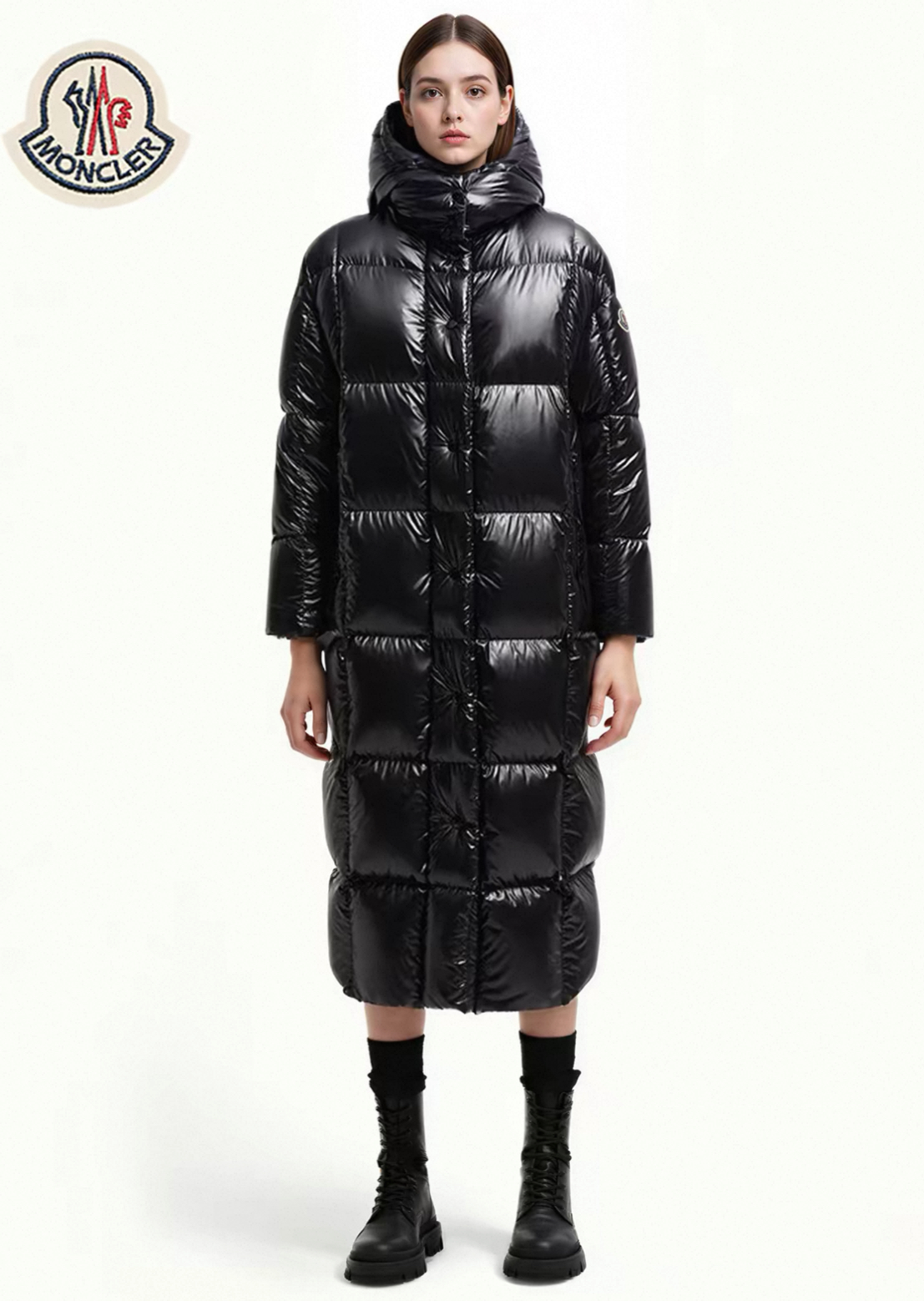 Moncler Parnaiba Classic Box Quilted Long Puffer Coat Female Black With Golden Hood Lining Extreme Cold Warm Outerwear