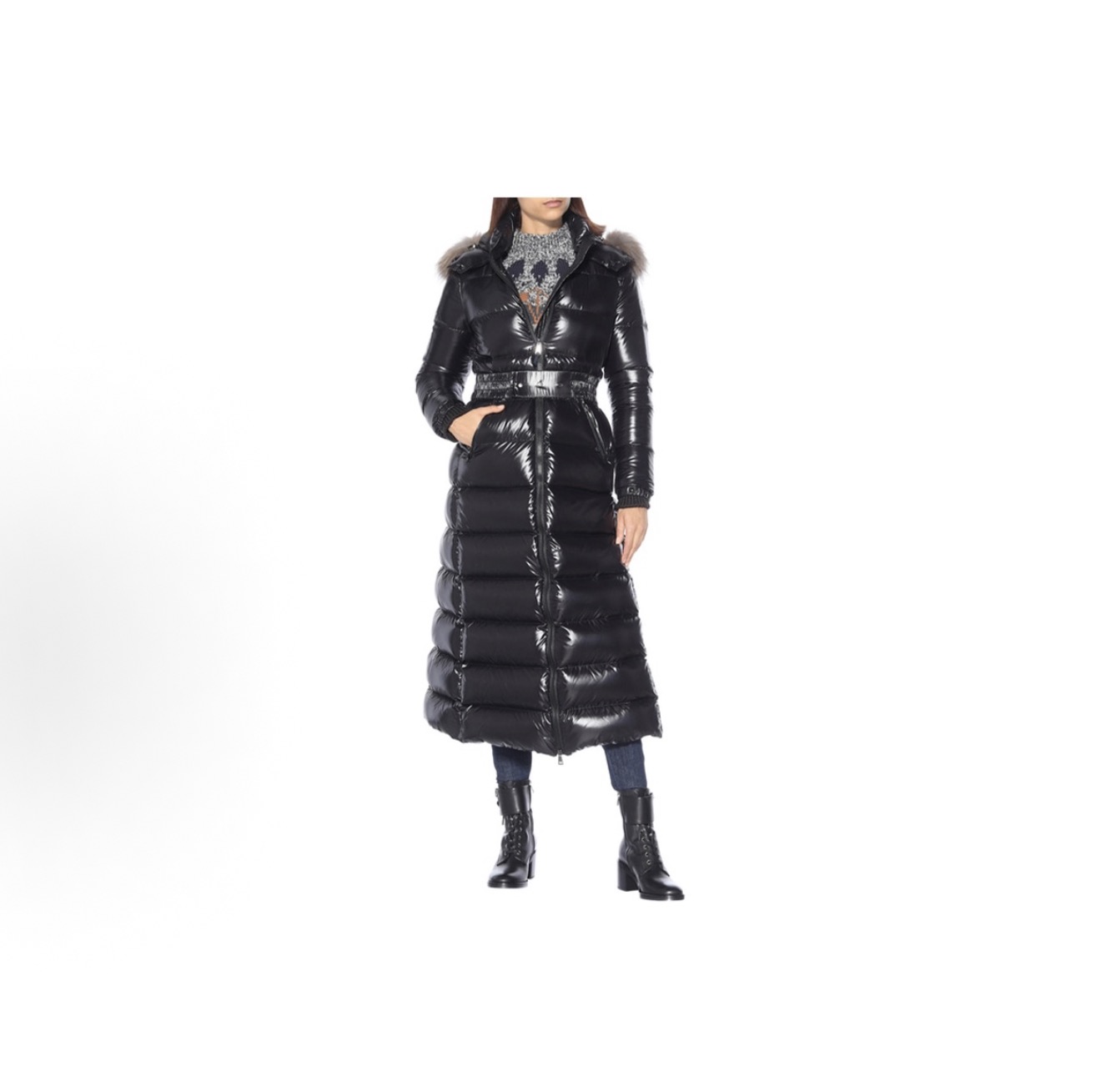 Moncler Hudson Women Long Glossy Down Coat Detachable Fox Fur Hood Removable Belt 90 Goose Down Luxury Below Knee Winter Jacket