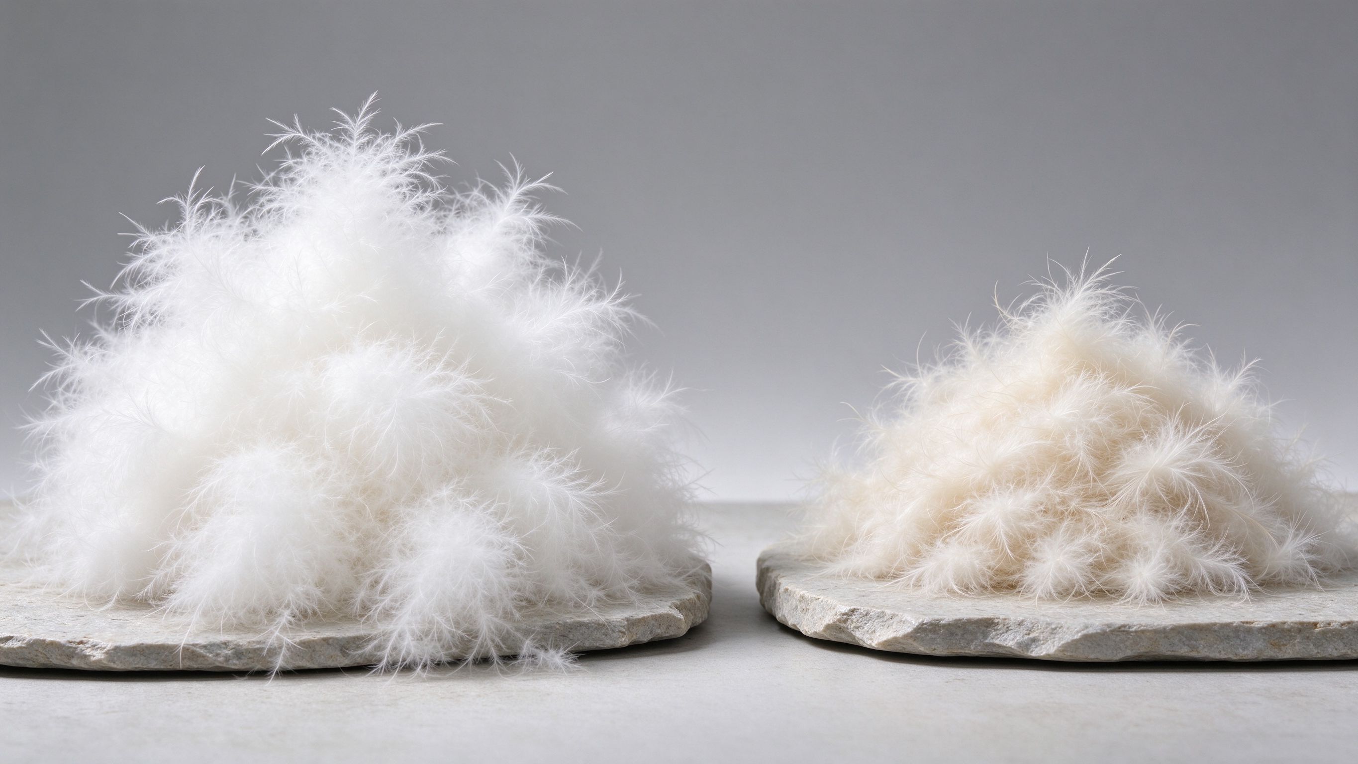 Goose down clusters compared side by side with flatter duck down — the core of the luxury insulation debate