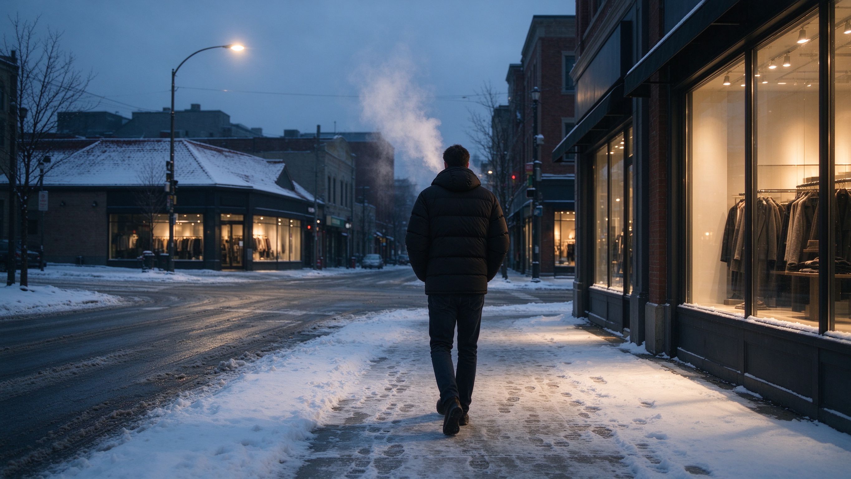 A winter city street at dawn — a puffer jacket that does its job in real urban winter
