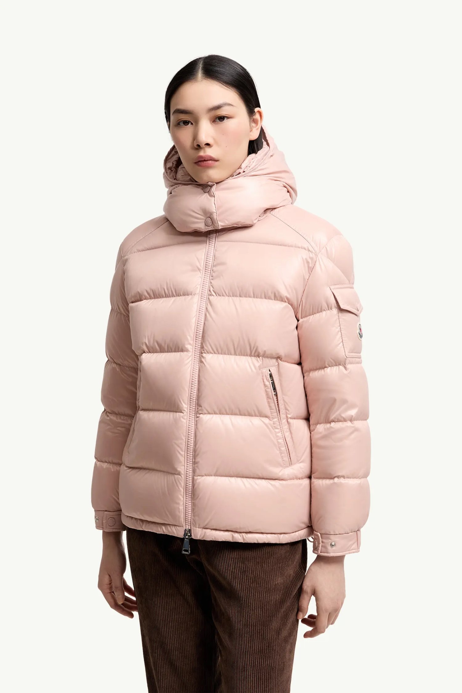 Moncler Maire Ladies Hooded Down Puffer Jacket Gloss Shell Black White Pink Available