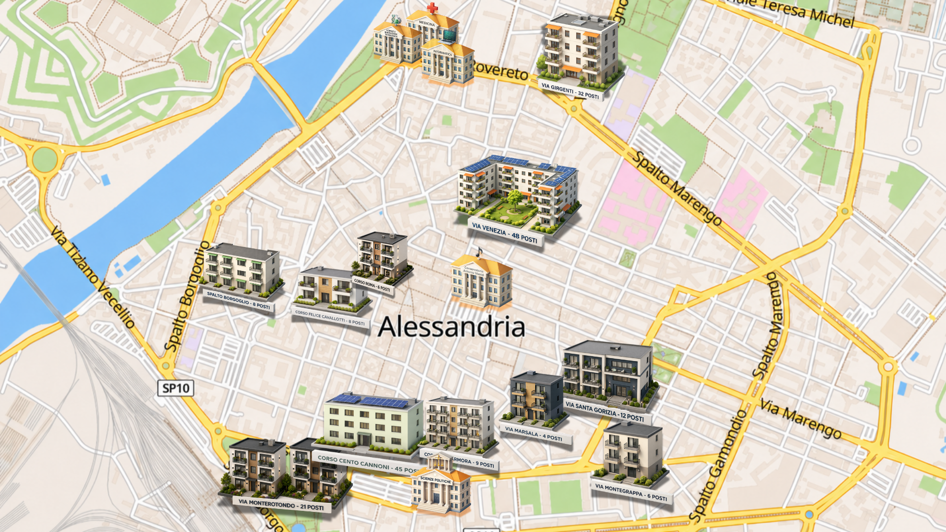 Mappa degli alloggi e Student Housing A.F.A. ad Alessandria