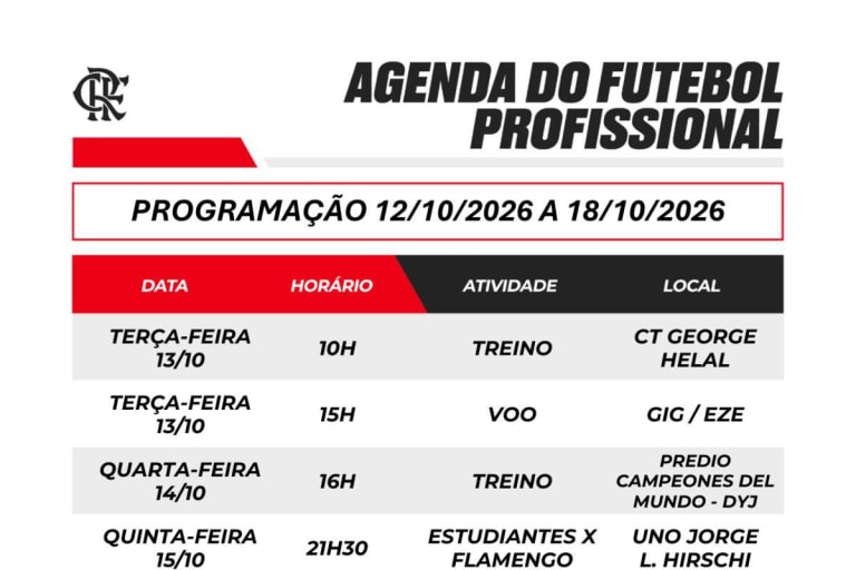 Confira a agenda completa dos jogos do Flamengo entre 12 e 18 de outubro