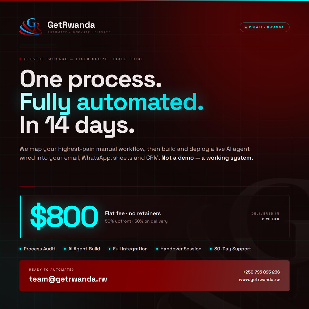One process. Fully automated. In 14 days. ⚡ GetRwanda builds AI agents that connect your email, WhatsApp, sheets & CRM. $800 flat fee.