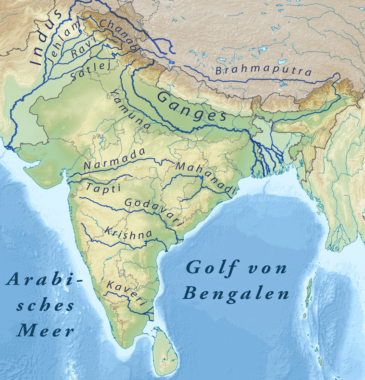 Physical Map of India with labeled rivers - Indus, Ganges, Brahmaputra, Narmada, Godavari, Krishna, Kaveri
