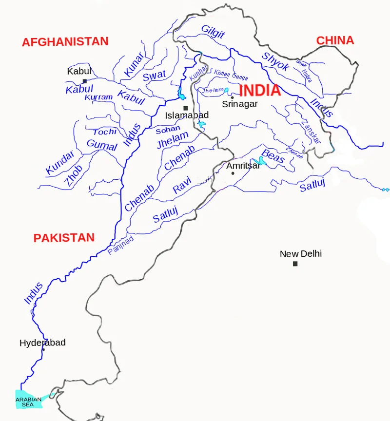 Indus River Basin Map showing Jhelum, Chenab, Ravi, Beas, Satluj tributaries and Pakistan India region