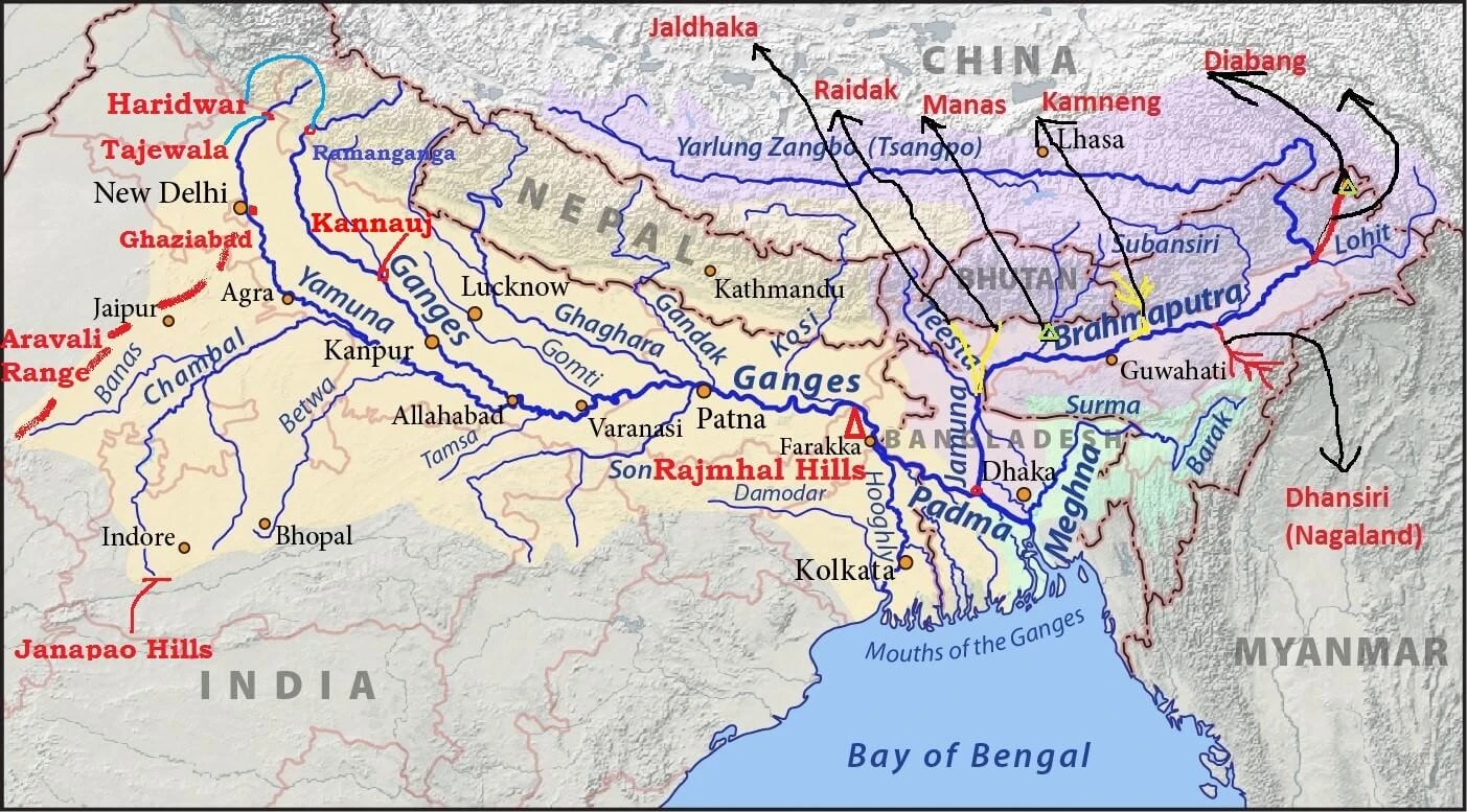 Ganga Yamuna River System Map showing left and right bank tributaries - Kosi, Ghaghara, Yamuna, Son, Damodar