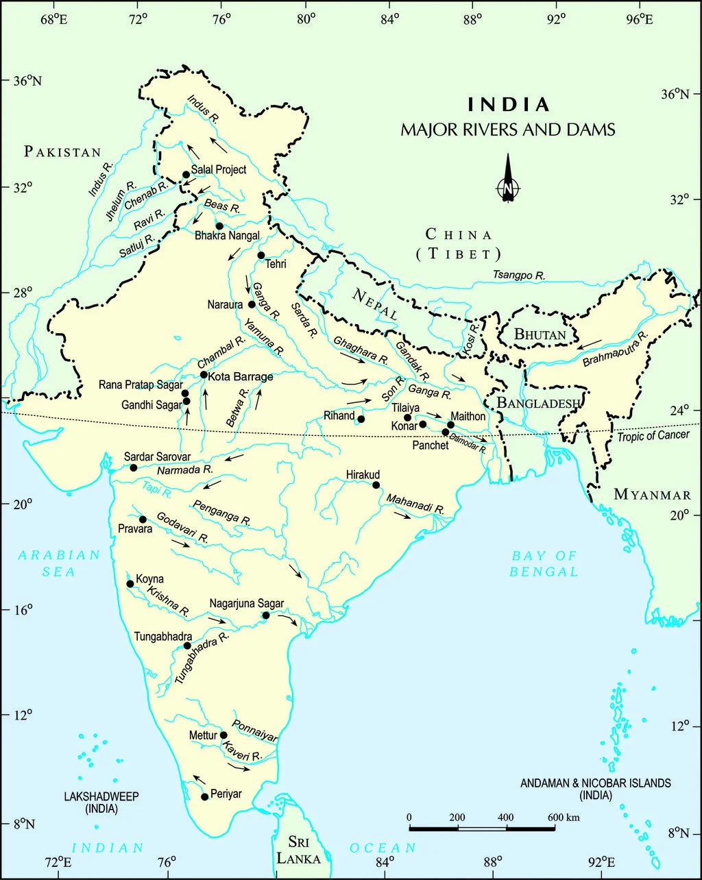 Major Rivers and Dams in India showing Tehri, Bhakra Nangal, Hirakud, Sardar Sarovar, Nagarjuna Sagar, Srisailam, Mettur, and DVC project alignments