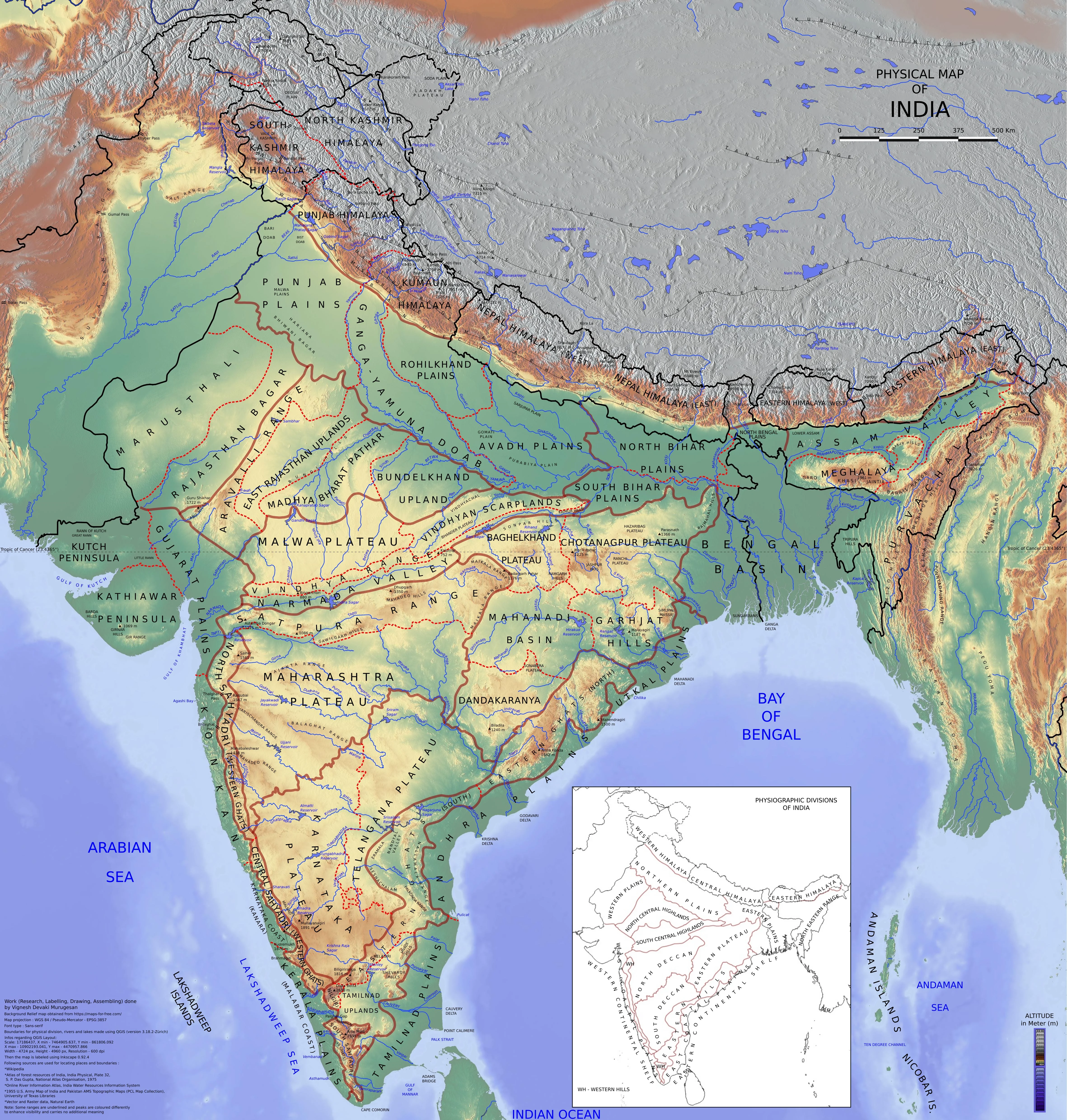 Complete Physical Relief and Mountain Ranges Map of India showing Himalayas, Peninsular Plateau, Western Ghats, Eastern Ghats, and Purvanchal