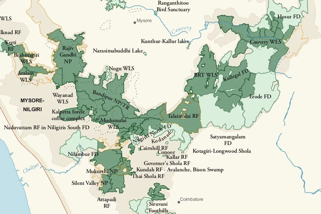 Nilgiri Biosphere Reserve map showing Bandipur, Nagarhole, Wayanad, Mudumalai, Mukurthi, and Silent Valley national parks