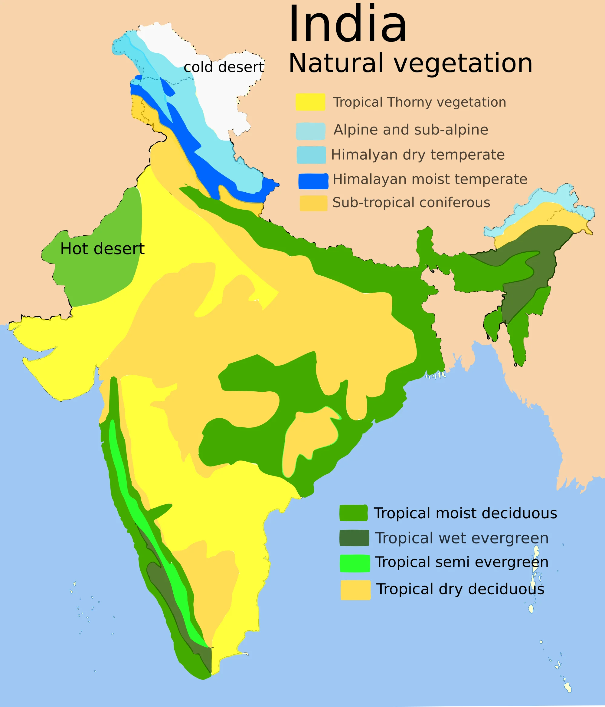 Natural Vegetation Map of India showing Tropical Evergreen, Tropical Deciduous, Tropical Thorn, and Alpine zones