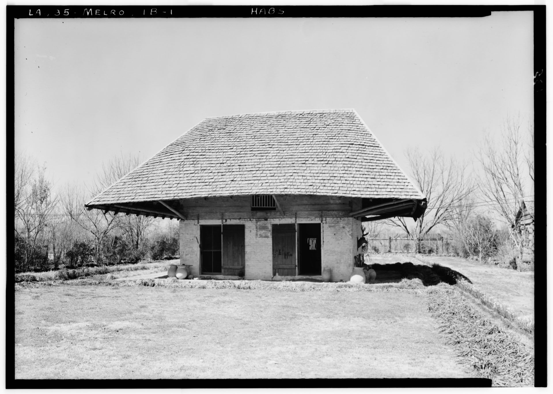 African House at Melrose Plantation, known for its distinctive overhanging roof and Clementine Hunter's murals inside